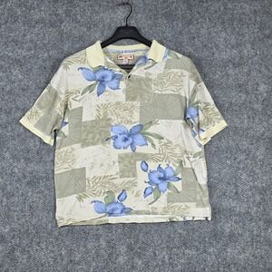 Caribbean Joe Mens XL Polo Shirt Green Floral Tropical Short Sleeve Rayon Blend